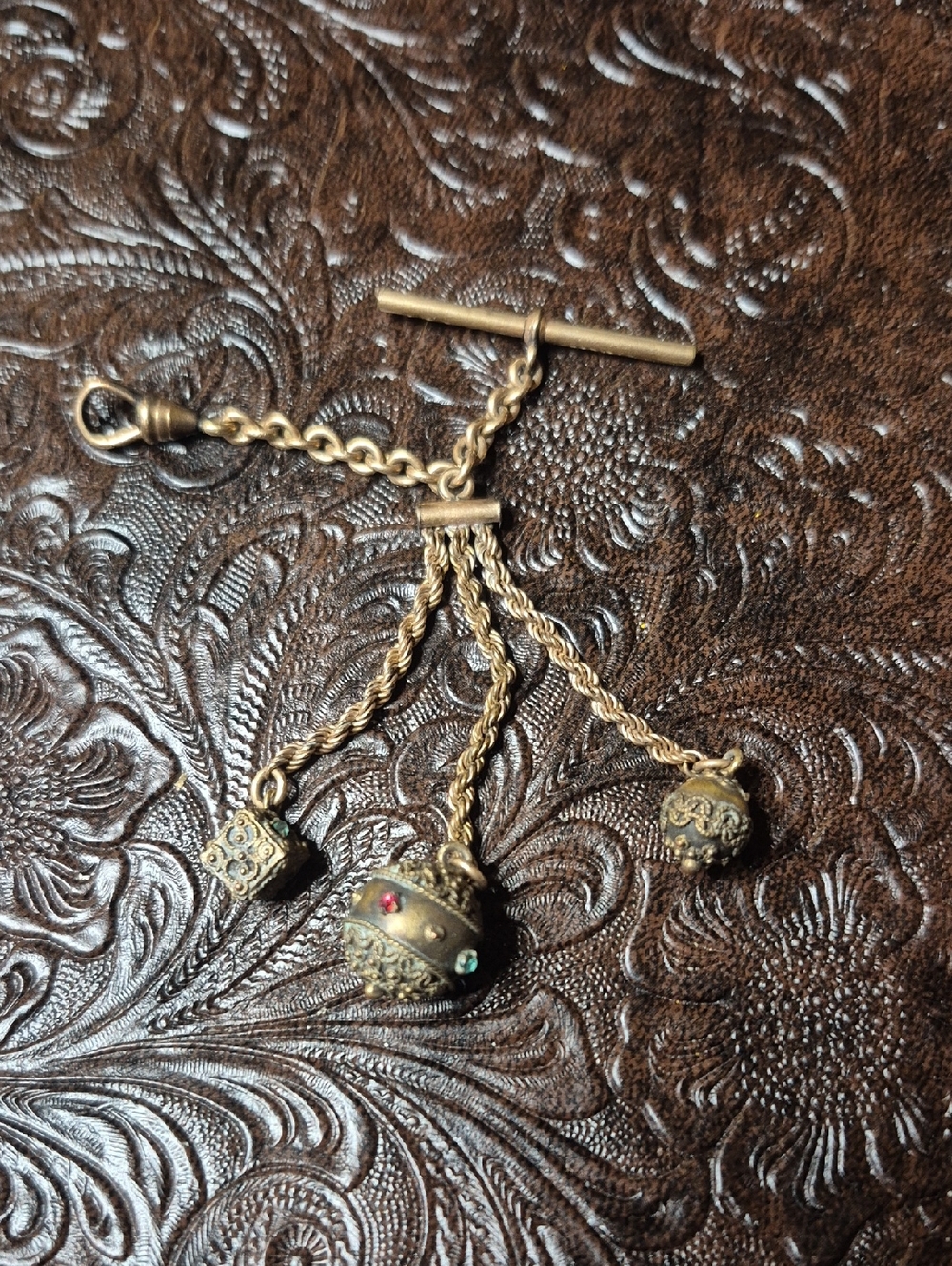 Antique Brass Charm Watch Fob with Colored Accent Stones